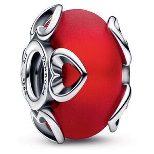 Authentic Pandora Frosted Red Murano Glass and Hearts Charm Bead S925